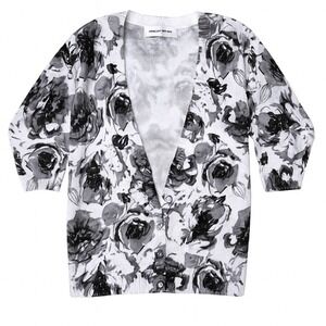 Cathy Daniels Cardigan Women XL Floral Black‎ White Grey Studded V Neck Vintage